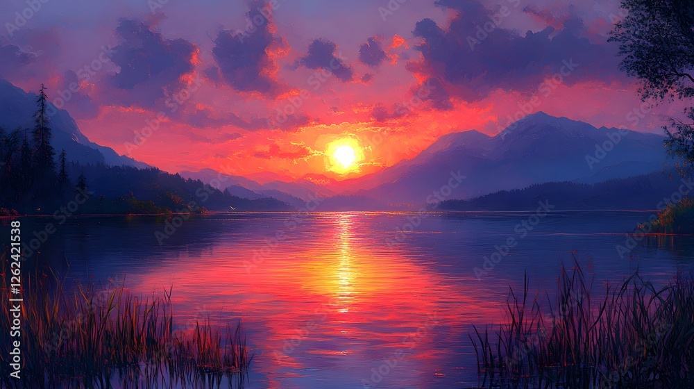 Fototapeta premium Colorful Sunset Over Tranquil Lake Surrounded by Majestic Mountain Peaks