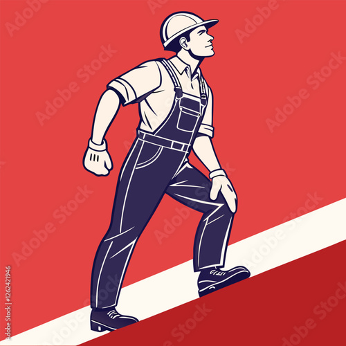 Determined Labor Day Worker. Hard Hat, Gloves, Strength job USA skill vector design strong