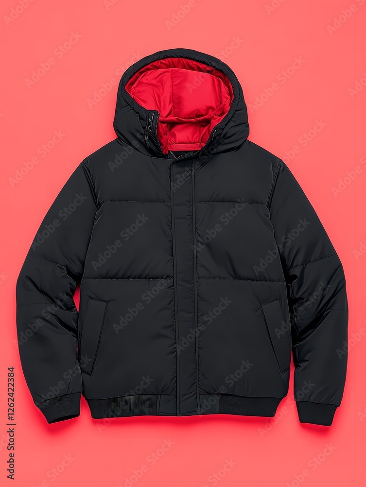 Stylish black and red padded jacket on a vibrant pink background, ideal for fashion advertisements