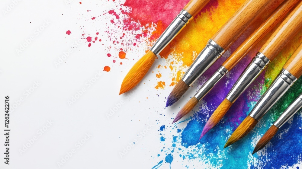 Obraz premium Three paintbrushes and various paint colors arranged on a clean white surface for artistic use