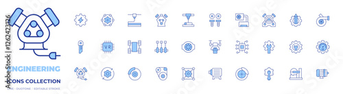 Engineering icons collection. Line Duotone style, editable stroke. d printer, air conditioner, belt, brake, brake disc, car engine, chip, crankshaft, drone, electric motor, engine, engineer.