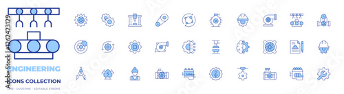 Engineering icons collection. Line Duotone style, editable stroke. automation, brake, car engine, clutch disc, connection, contract, drawing compass, engine, engineer, engineering.