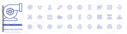 Engineering icons collection. Thin Line icons, editable stroke. artificial intelligence, automation, brake, car engine, clutch disc, connection, contract, engine, engineer.