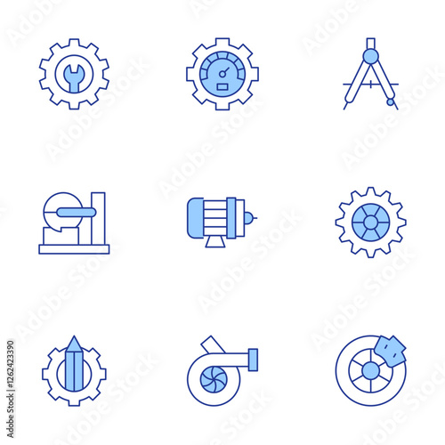 Engineering icons set. Line Duotone style, editable stroke. brake, clutch disc, drawing compass, electric motor, engineer, engineering, laser cutting machine, motor, settings