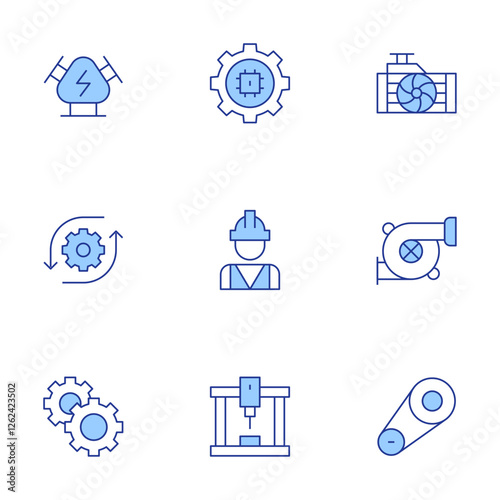 Engineering icons set. Line Duotone style, editable stroke. engine, engineer, engineering, gears, laser cutting machine, radiator, timing belt, turbo