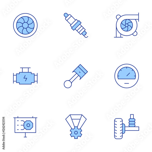 Engineering icons set. Line Duotone style, editable stroke. damper, engine, medal, piston, power, presentation, spark plug, speedometer