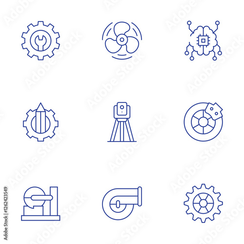 Engineering icons set. Thin Line style, editable stroke. artificial intelligence, brake, clutch disc, engineer, engineering, laser cutting machine, propeller, theodolite, turbo