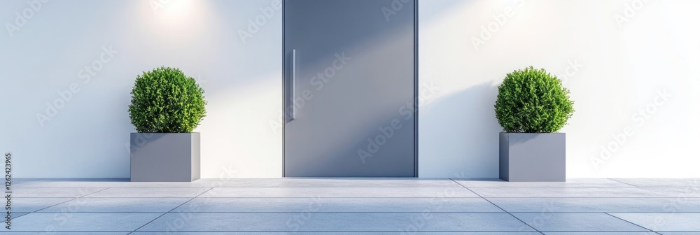 Fototapeta premium Modern building entrance with gray door and potted plants