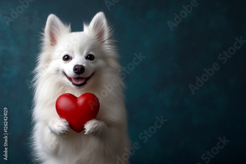 Marketing idea. Cute american eskimo dog hound with animal toy red heart - sign of love, funny greeting card. American eskimo dog - my treasured dog. Puppy valentine's moments. Dog and heart. photo