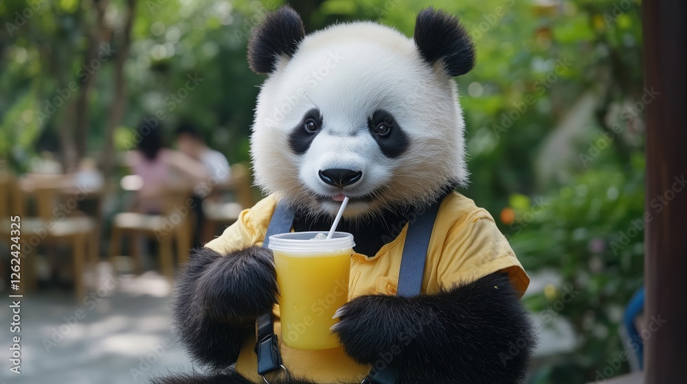 Fototapeta premium Cute panda drinking juice wearing clothes and suspenders