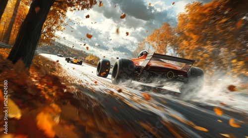 Fototapeta Naklejka Na Ścianę i Meble -  Racing cars speed through a vibrant fall landscape on a twisting road during the afternoon
