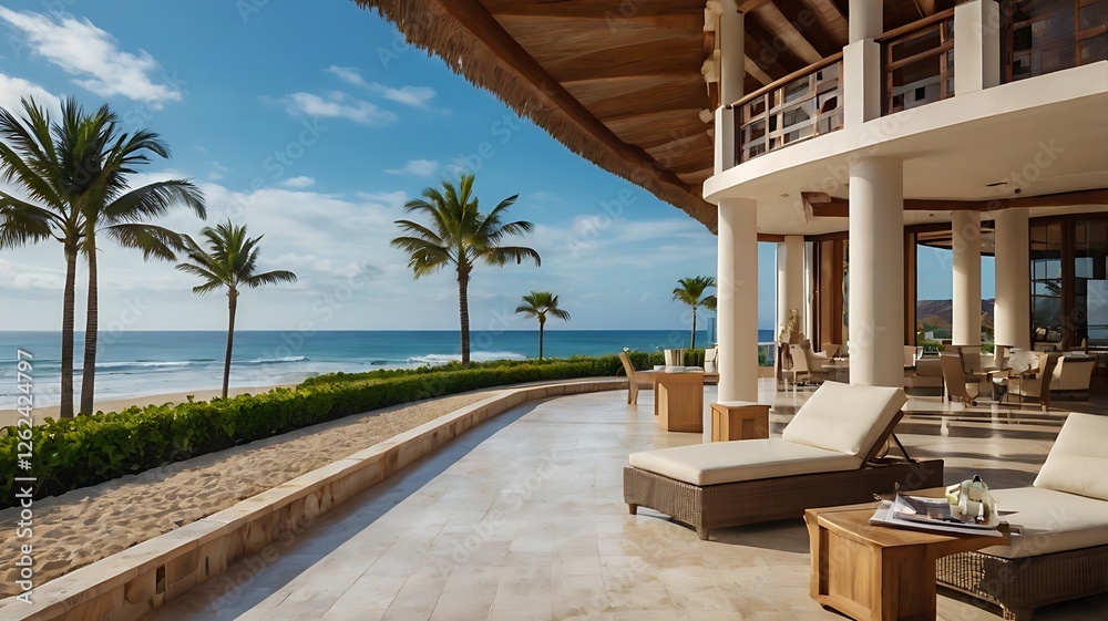 Fototapeta premium tropical resort hotel Luxurious Beachfront Resort, Tropical Outdoor Patio, Scenic Ocean View