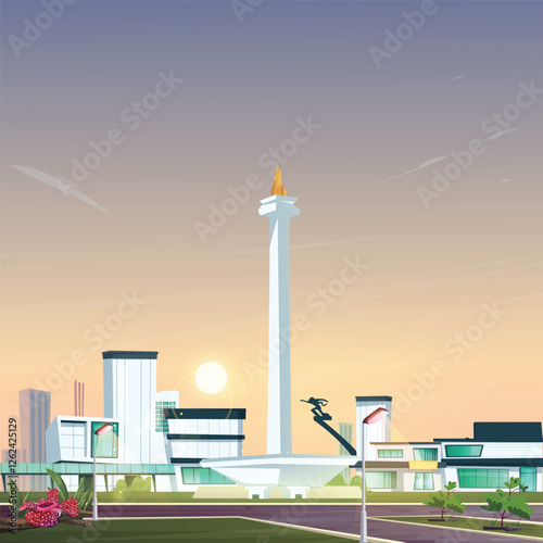 vector cartoon monas tower with city view