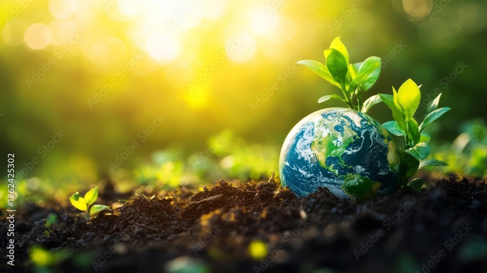 Green sprouts emerging from soil surrounding a small globe under bright sunlight in a natural setting Green sprouts emerging from soil surrounding a small globe under bright sunlight in a natural setting