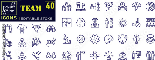 Set of outline icons related to team. teams, collaboration tools, flexible work arrangements, team productivity, freelancing, remote project management icon.