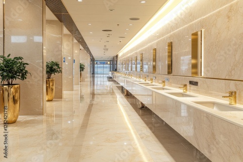 Elegantly designed modern restroom with bright lighting and polished surfaces in a commercial building