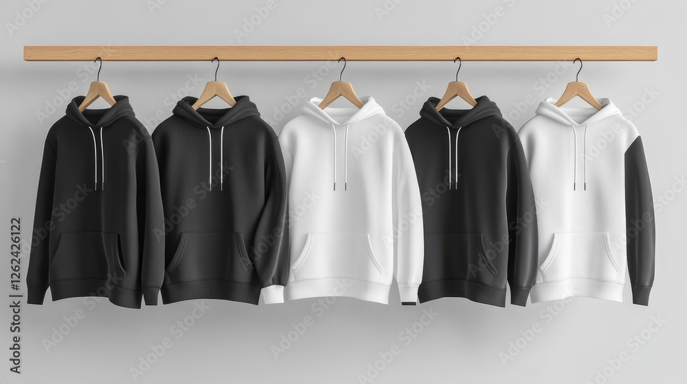 Realistic hoody on rack, vector 3d mock up of black and white sweatshirt sweaters with hoods and pockets hanging on wood clothes hangers. Realistic unisex hoody, kangaroo or hoodie long sleeve shirts Realistic hoody on rack, vector 3d mock up of black and white sweatshirt sweaters with hoods and pockets hanging on wood clothes hangers. Realistic unisex hoody, kangaroo or hoodie long sleeve shirts