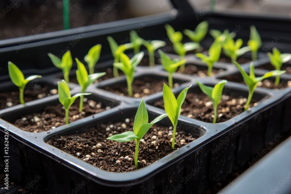 Seedlings grow in small trays under natural light, showcasing the early stages of plant development Seedlings grow in small trays under natural light, showcasing the early stages of plant development