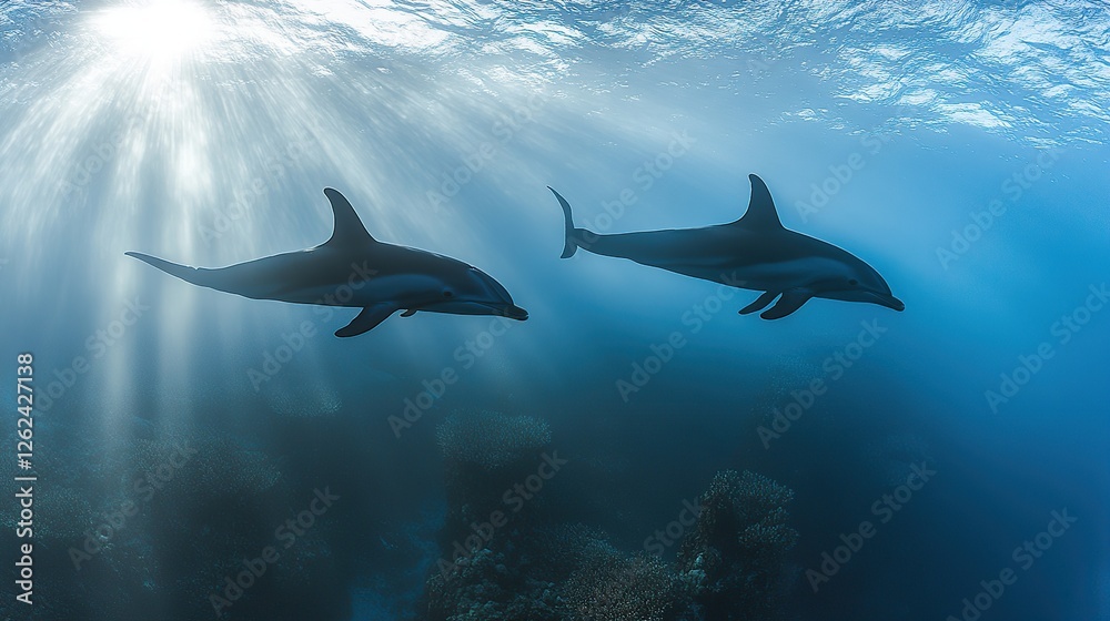 Obraz premium Dolphins swimming ocean sunlight coral reef backdrop