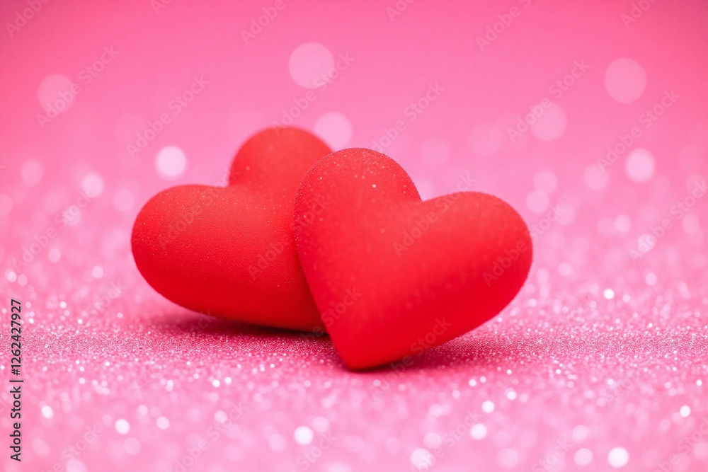 Obraz premium Pink glittery bg two red hearts facing each other small white dots bokeh