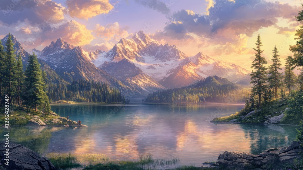 Fototapeta premium Majestic Mountain Lake at Sunset: A Serene Landscape Painting