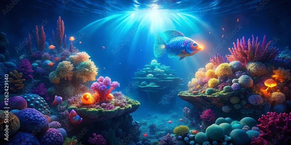 Naklejka premium Stunning Drone Aerial View of Bioluminescent Mandarinfish in Deep Ocean, Vibrant Underwater Scene