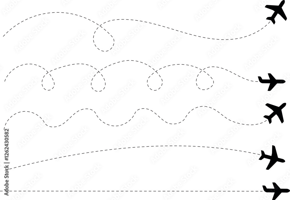Obraz premium A set of airplane silhouettes with dotted flight paths, representing travel routes and aviation movement. Perfect for flight-related designs, trip planning concepts, and air travel graphics