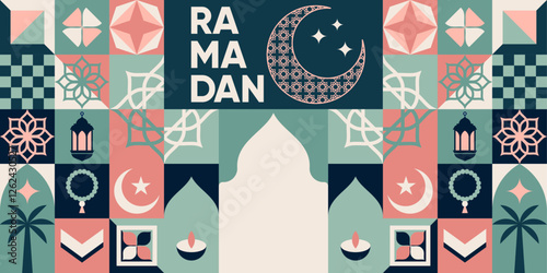 Modern geometric Islamic greeting card template and wallpaper design. Poster and social media banner vector illustration