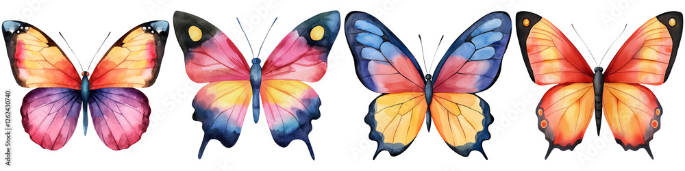 Manifest vision and watercolor, Vibrant butterflies display a spectrum of colors, showcasing intricate patterns and delicate wings.