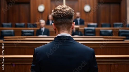 Criminal Law Restrictions concept. Man in a suit facing a courtroom, observing the legal proceedings.