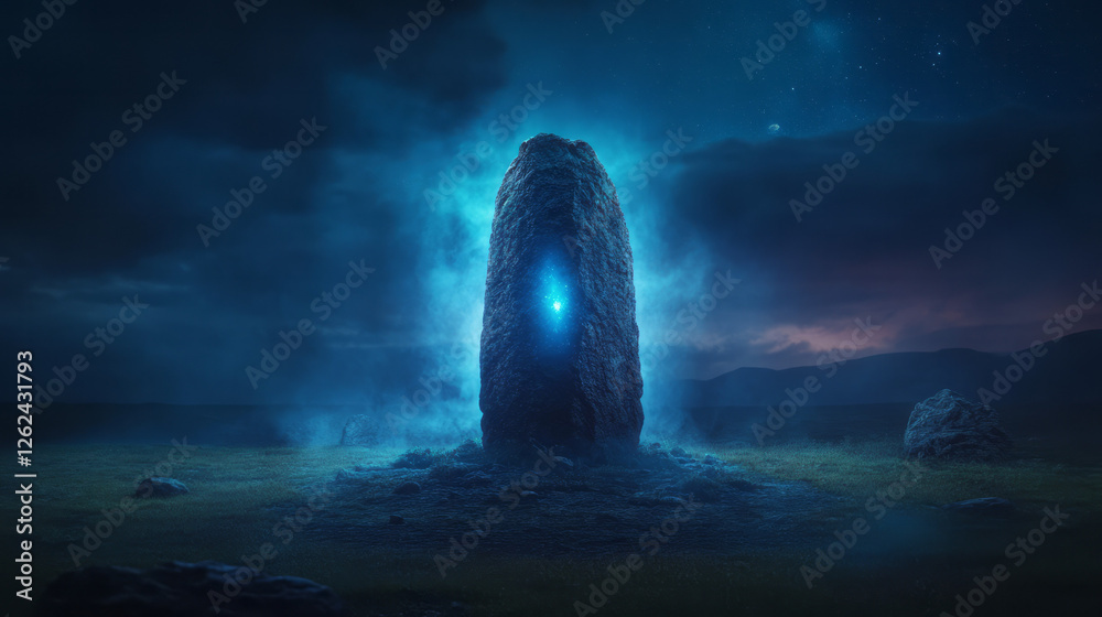 A dramatic night scene where beams of light dance over an ancient stone figure, the celestial A dramatic night scene where beams of light dance over an ancient stone figure, the celestial