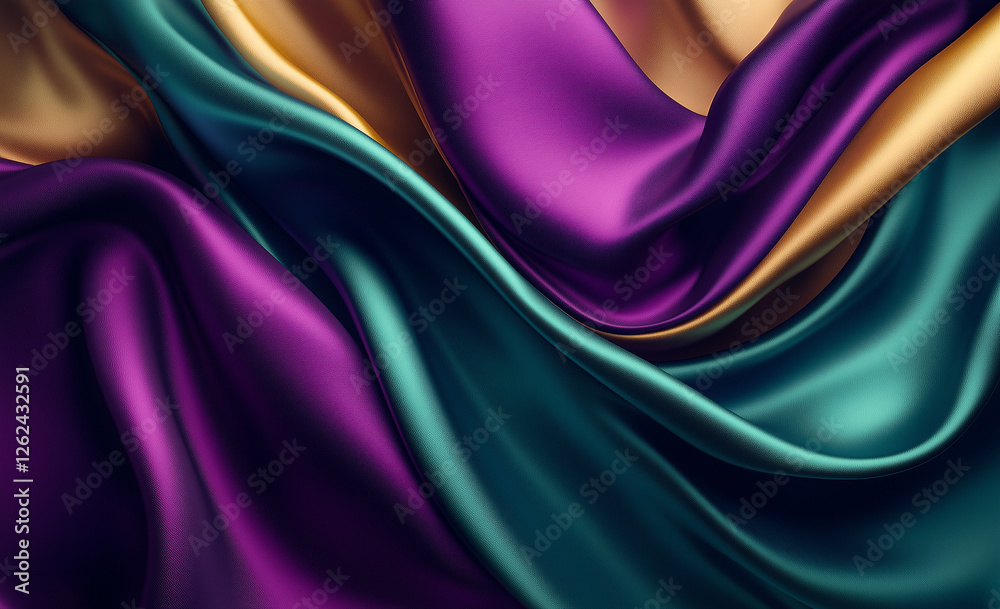 Obraz premium Abstract background with colorful silk and satin fabrics, a color palette of purple, teal, and gold, vector illustration, 3D render