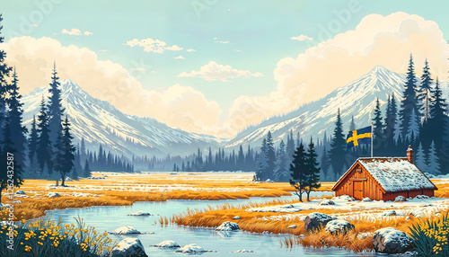 Swedish cabin with flag in snowy mountain landscape
