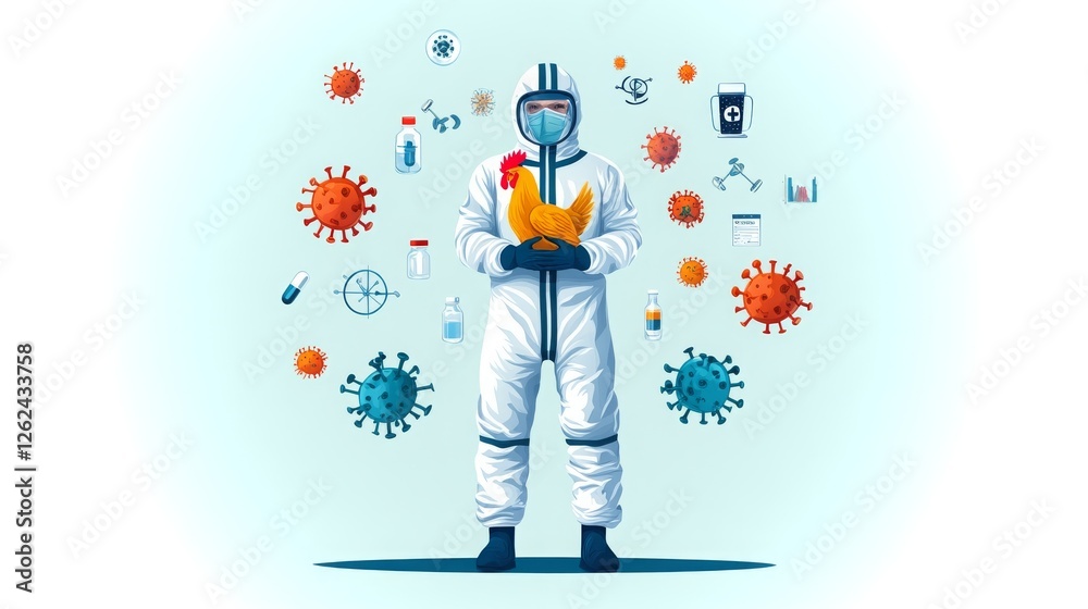 Illustration of a scientist in protective suit holding a chicken surrounded by viruses Illustration of a scientist in protective suit holding a chicken surrounded by viruses