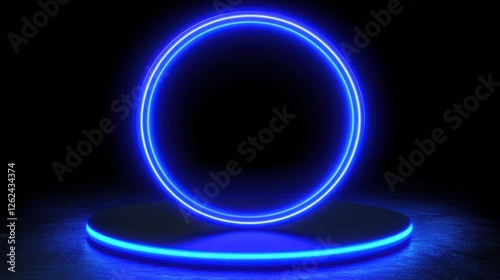 Radiant blue podium with a glowing neon circle and metallic finishes. Clean, ultramodern design with cinematic lighting and abstract sci-fi elements