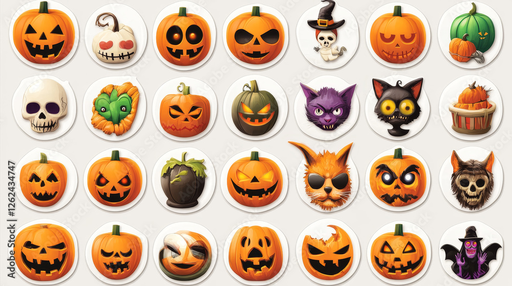 Halloween emoji stickers fun collection featuring characters like pumpkin, zombie, bat and witch. Monster, tombstone, cat and cauldron, skull, devil, clown, vampire or spider with spooky expressions Halloween emoji stickers fun collection featuring characters like pumpkin, zombie, bat and witch. Monster, tombstone, cat and cauldron, skull, devil, clown, vampire or spider with spooky expressions