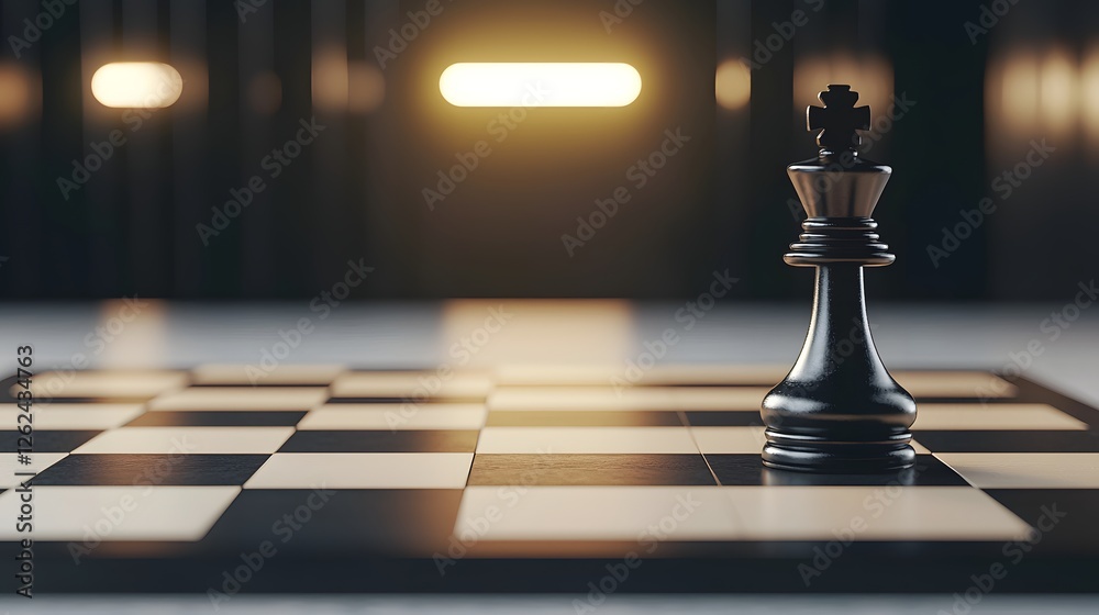 Modern Minimalist Chessboard Design with Black King Piece on a Stylish Surface and Soft Background Lighting Modern Minimalist Chessboard Design with Black King Piece on a Stylish Surface and Soft Background Lighting