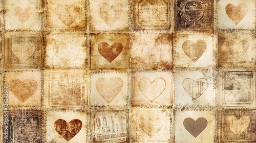 A vintage collage of postage stamps, each bearing a faded heart design creating a romantic pattern