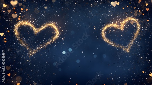 Two golden hearts drawn with sparkling dust shine brightly against a deep blue starry sky