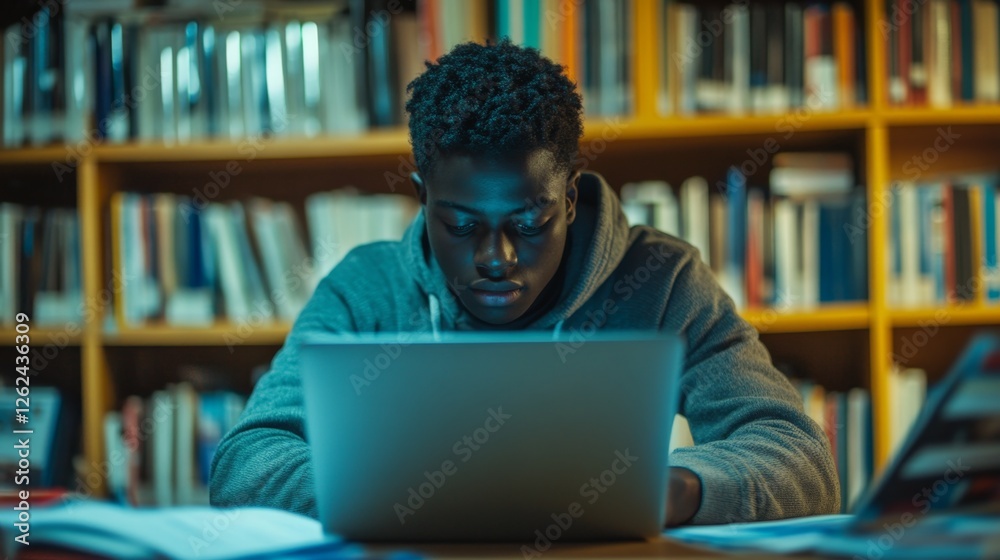 Student Working on Laptop During Late Night Research Session Student Working on Laptop During Late Night Research Session