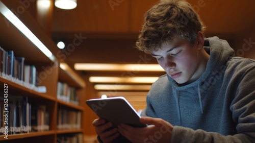 Student Engrossed in Reading on Tablet in Library Setting