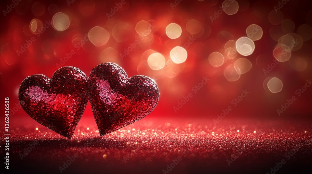 Two Red Glitter Hearts on Red Background Two Red Glitter Hearts on Red Background