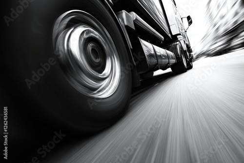 A fast moving big rig semi truck on the highway in black and white