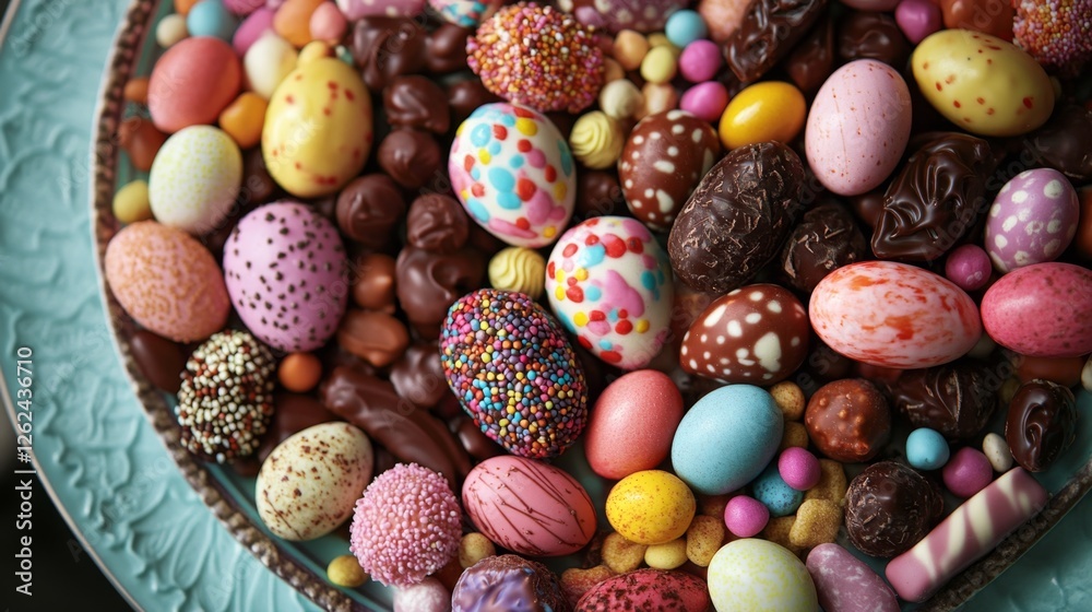 Fototapeta premium Vibrant Assortment of Chocolate Eggs in Diverse Colors and Textures