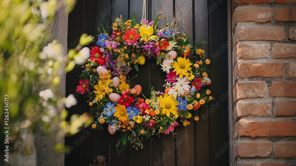 Naklejka premium Vibrant Spring Flower Wreath for Easter Door Decor