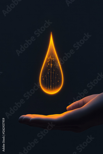A stylized vignette of a luminous drop floating in slow-motion above a palm, pulsating in sync with photo
