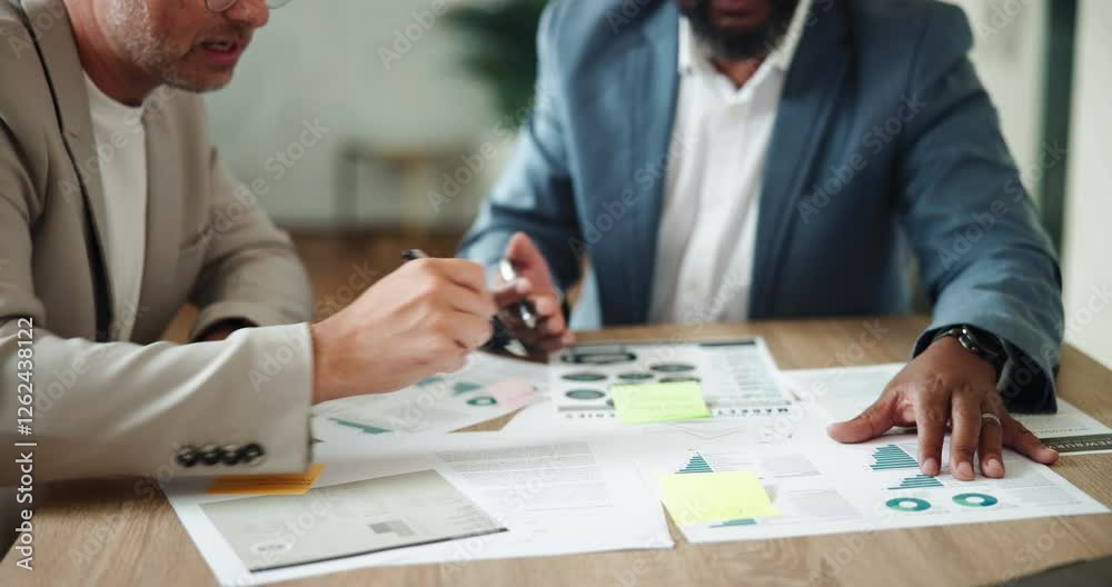 Businessman, financial advisor and documents with graphs, budget and audit for customer portfolio. Teamwork, accountant and agent meeting with papers for consultation advice or assistance review