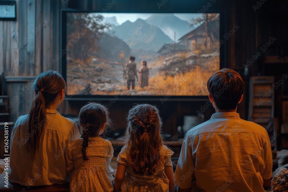 Fototapeta premium Family enjoys movie night at home with children on cozy evening