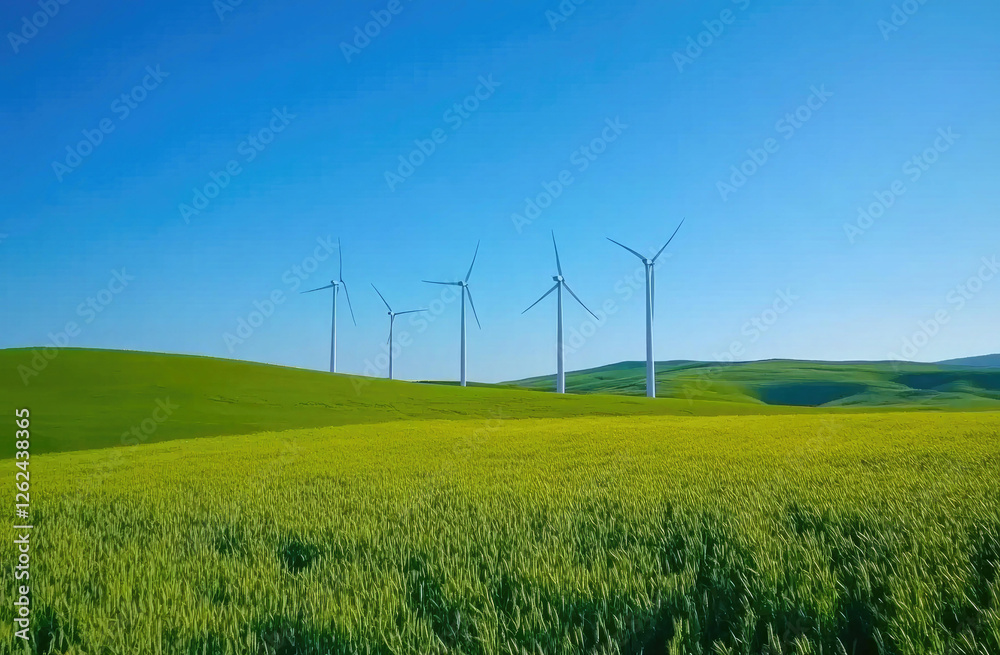 Serene Landscape of Wind Turbines in a Lush Green Field under a Bright Blue Sky Serene Landscape of Wind Turbines in a Lush Green Field under a Bright Blue Sky