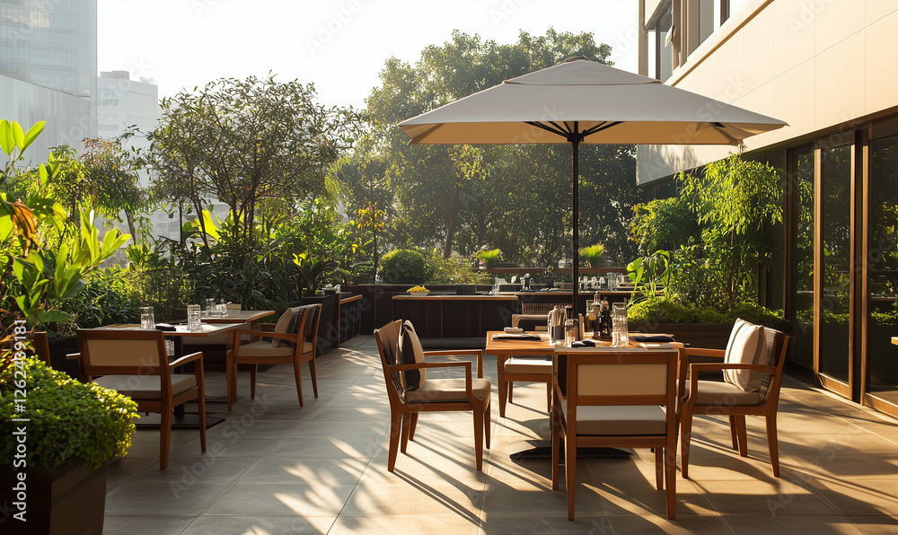 Fototapeta premium Quiet rooftop terrace with sweeping windows offering stunning city views and peaceful outdoor space